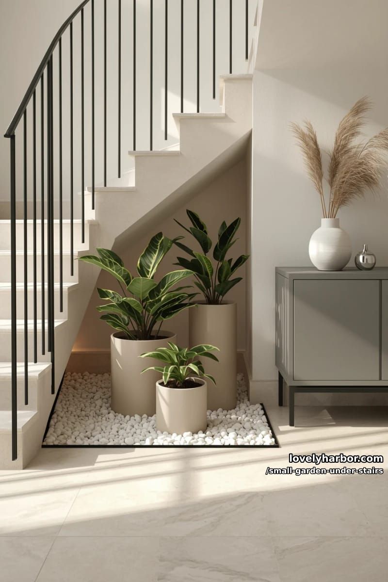 beige staircase with white pebble garden and trio of cylindrical planters. 1