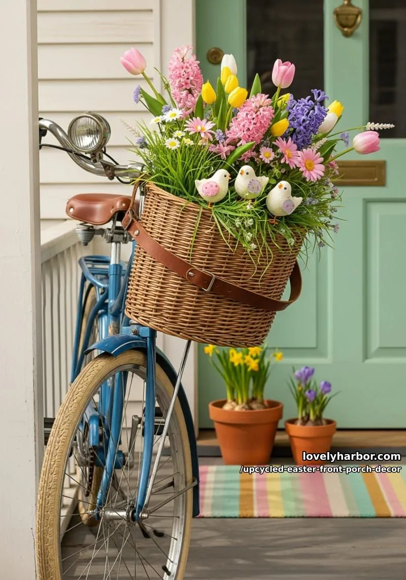 bicycle basket overflowing with pastel flowers, faux grass, and paper mache chicks 1