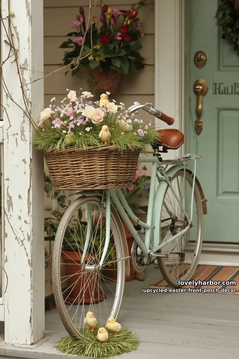 bicycle basket overflowing with pastel flowers, faux grass, and paper mache chicks 1