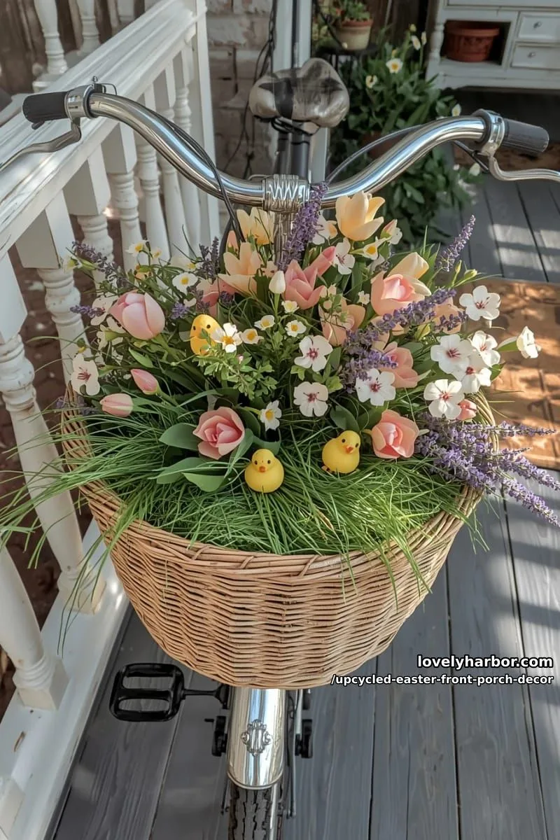 bicycle basket overflowing with pastel flowers, faux grass, and paper mache chicks 1
