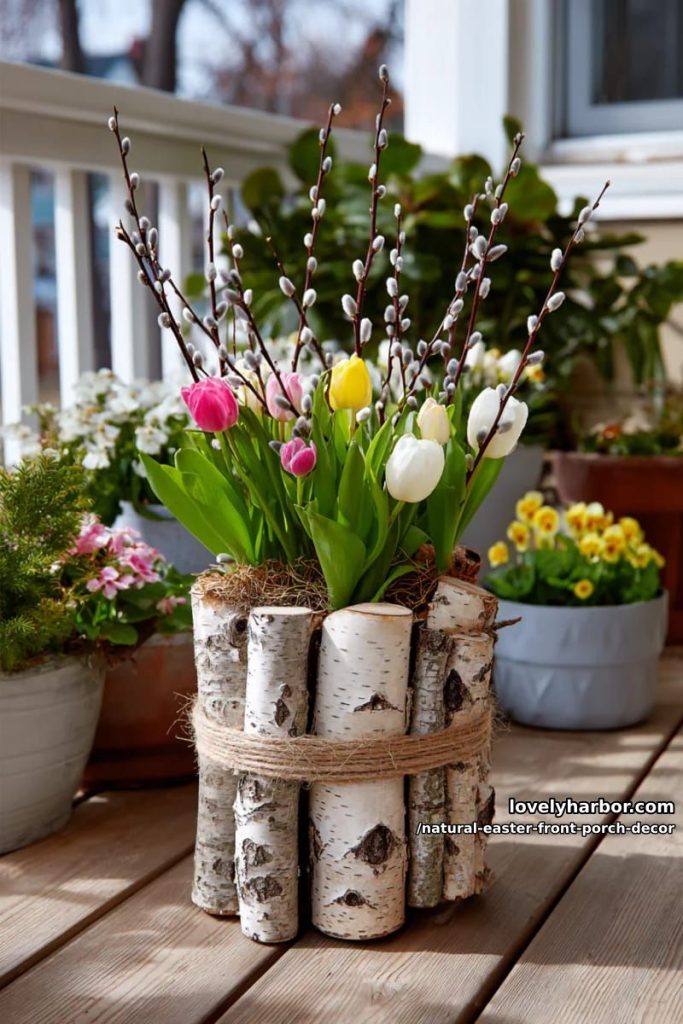 birch log bundle tied with twine, sprouting tulips and pussy willow branches 14