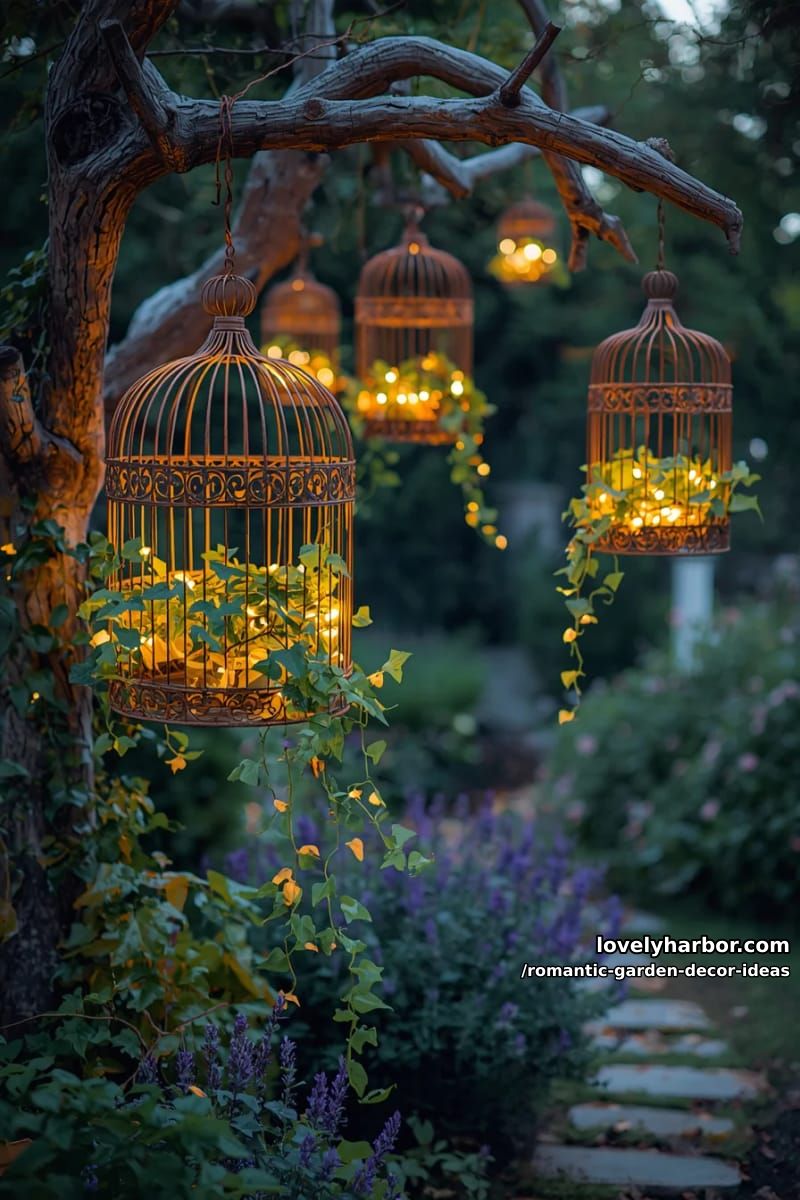 birdcages filled with fairy lights and trailing ivy for magical charm 1