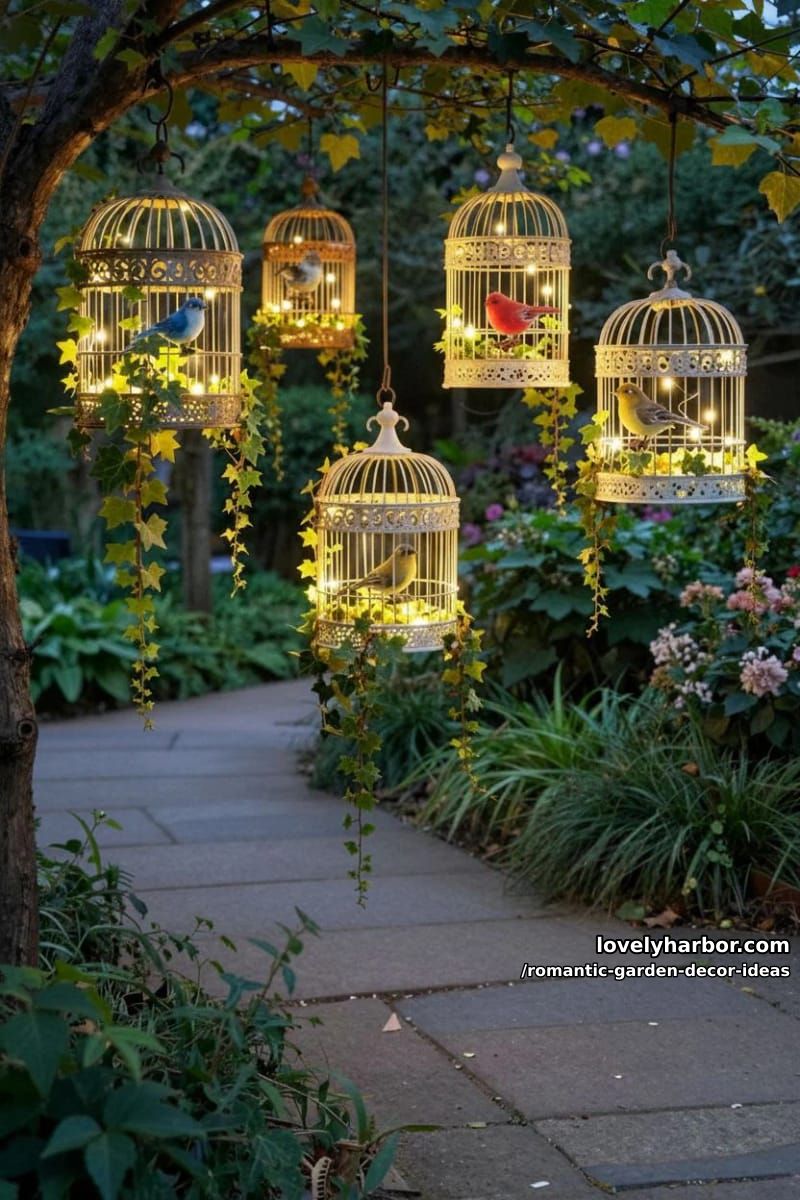 birdcages filled with fairy lights and trailing ivy for magical charm 1