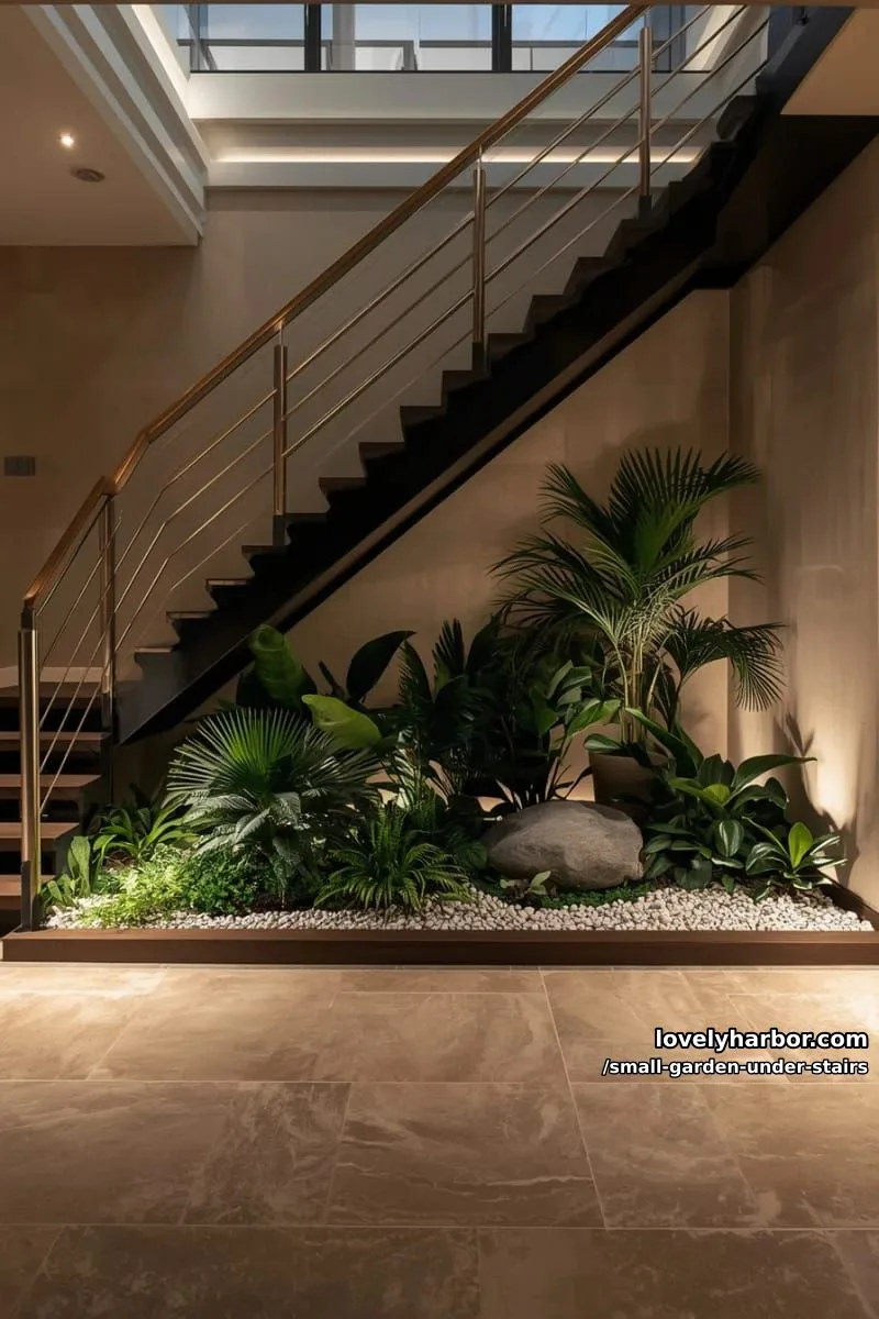 black floating staircase with lush indoor garden and soft ground lighting. 1