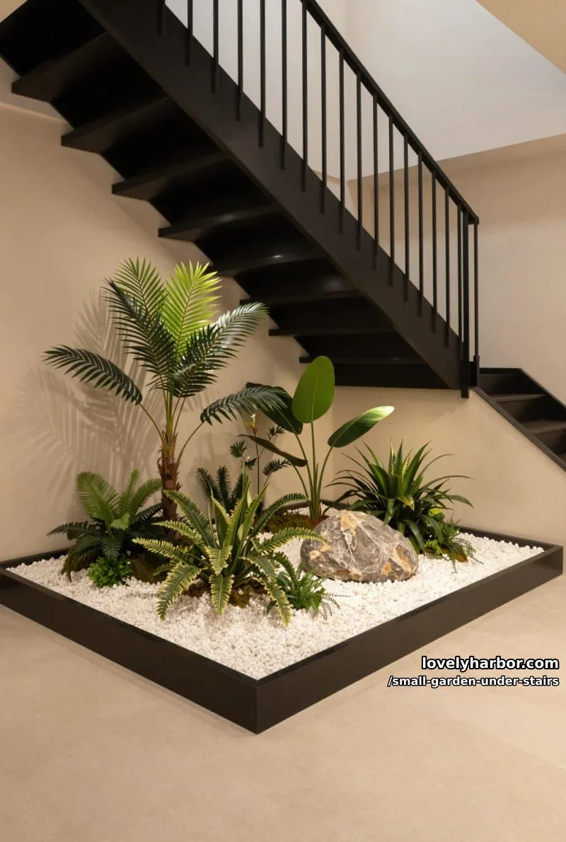 black floating staircase with lush indoor garden and soft ground lighting. 1