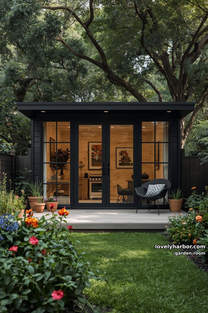black wooden garden studio with glass doors, deck, and flower beds. 1