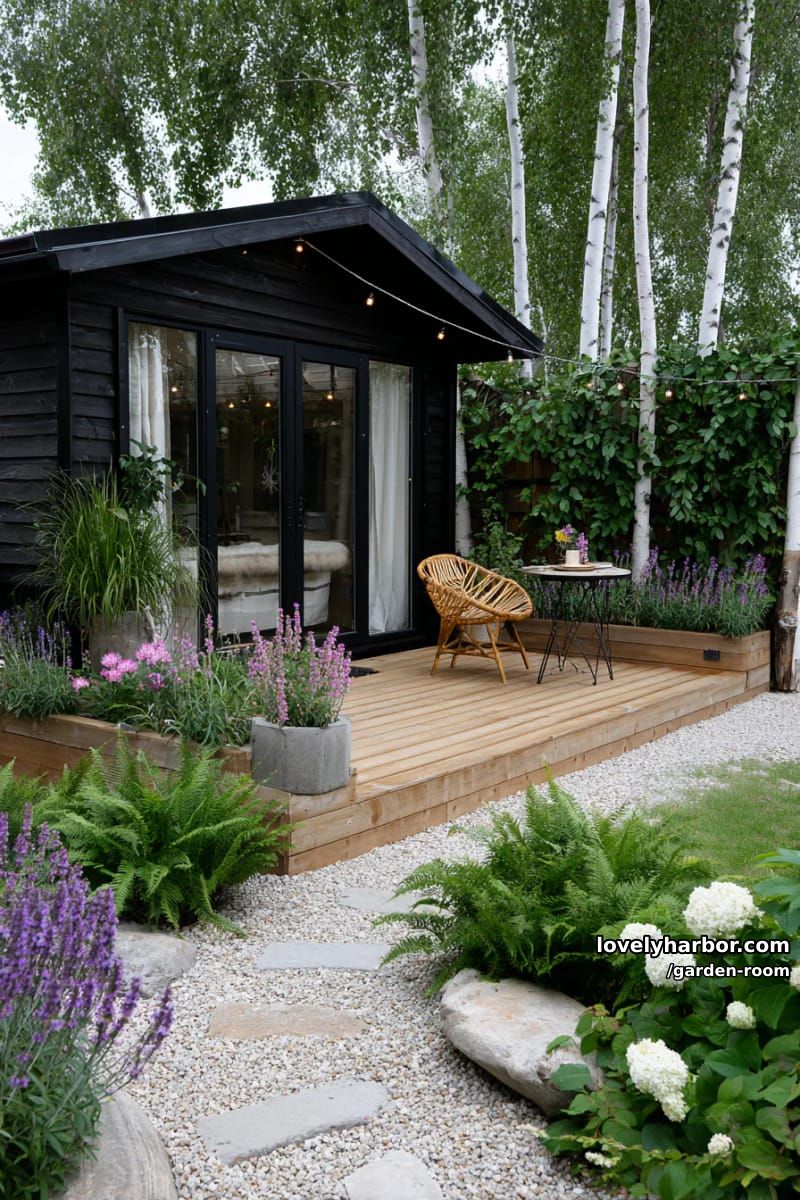 black wooden garden studio with glass doors, deck, and flower beds. 1