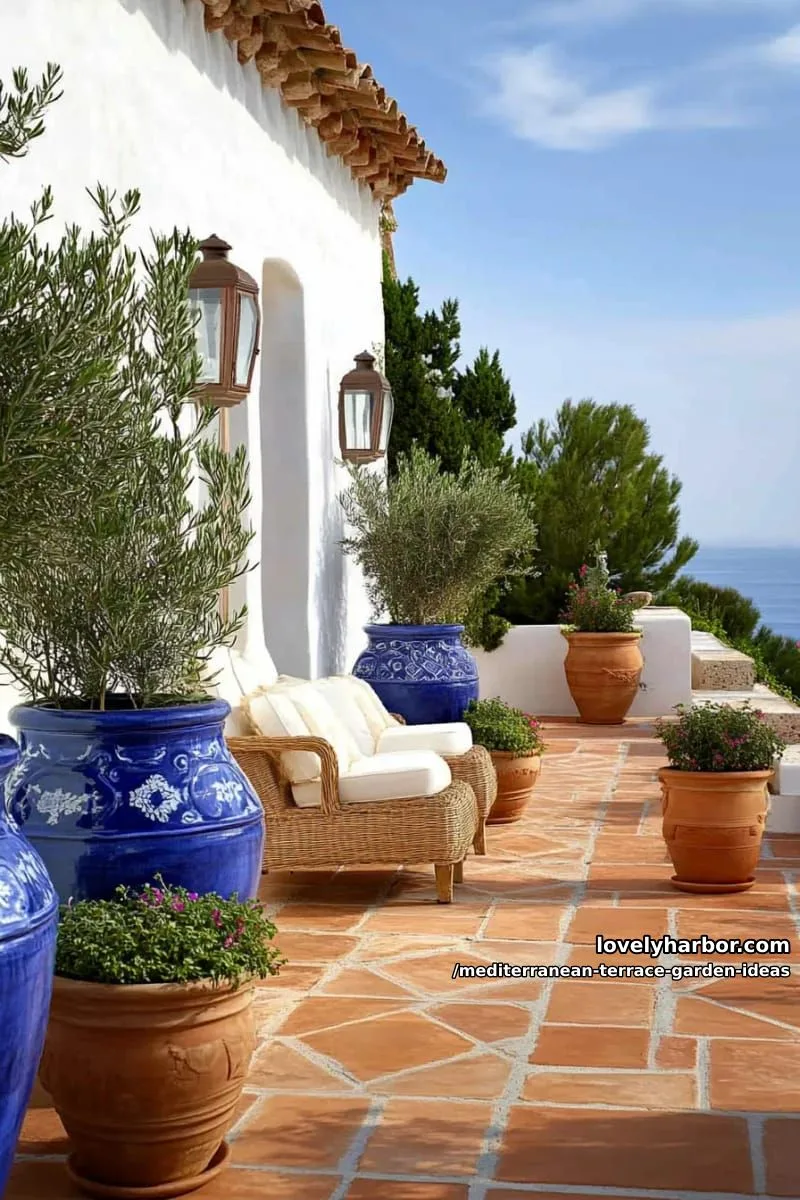 blue ceramic urns overflowing with rosemary and thyme 1