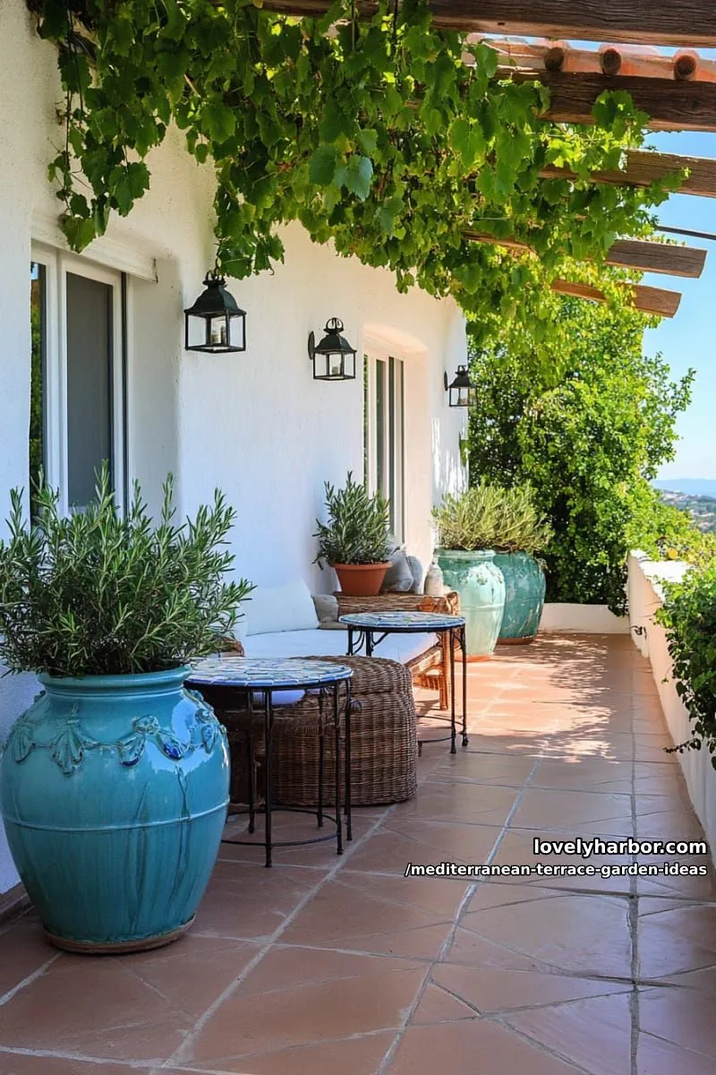 blue ceramic urns overflowing with rosemary and thyme 1