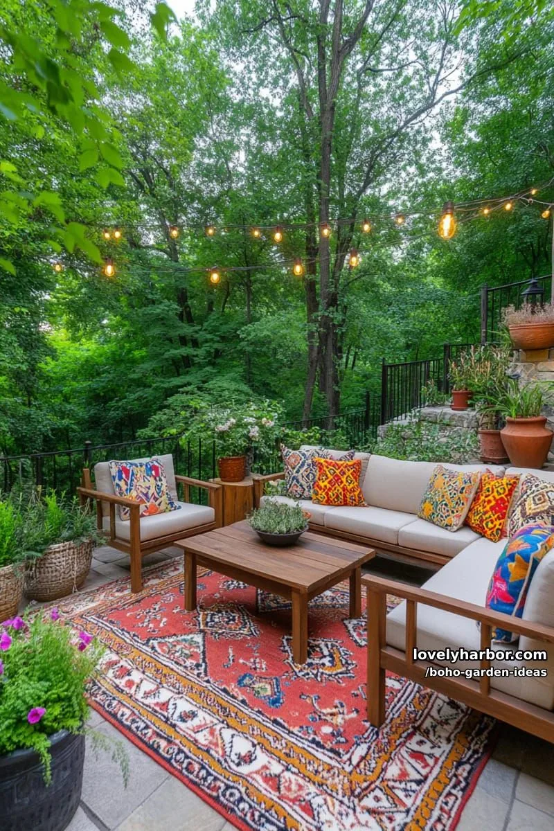 bohemian garden patio with wooden furniture, patterned rugs, and string lights. 1