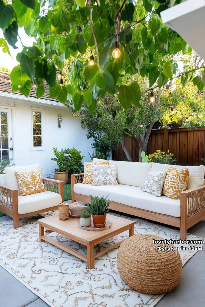 bohemian garden patio with wooden furniture, patterned rugs, and string lights. 1