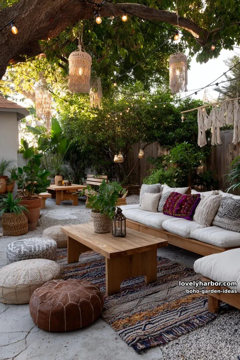 bohemian garden patio with wooden furniture, patterned rugs, and string lights. 1