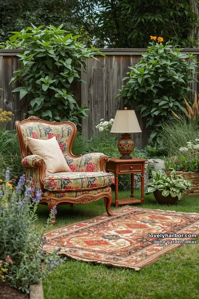 bohemian garden with vintage armchair, wooden table, and patterned rug. 1