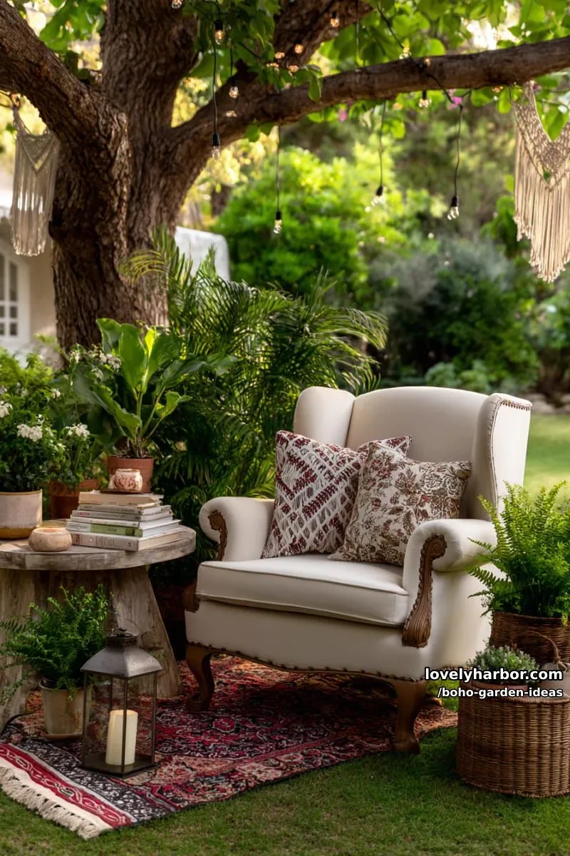 bohemian garden with vintage armchair, wooden table, and patterned rug. 1