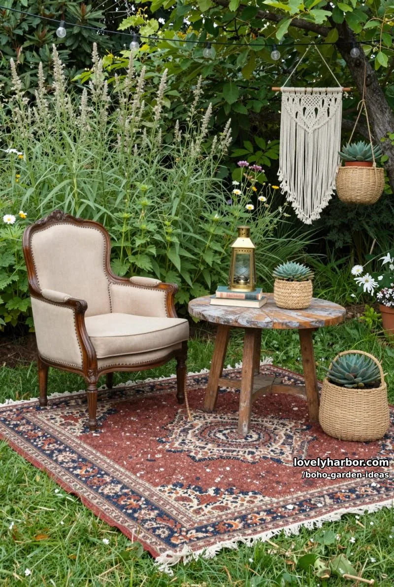 bohemian garden with vintage armchair, wooden table, and patterned rug. 1