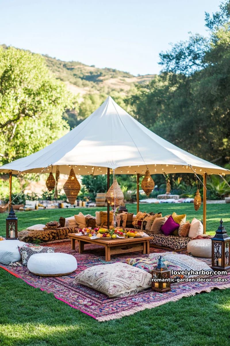 bohemian tents with soft rugs and lanterns for cozy garden picnics 1