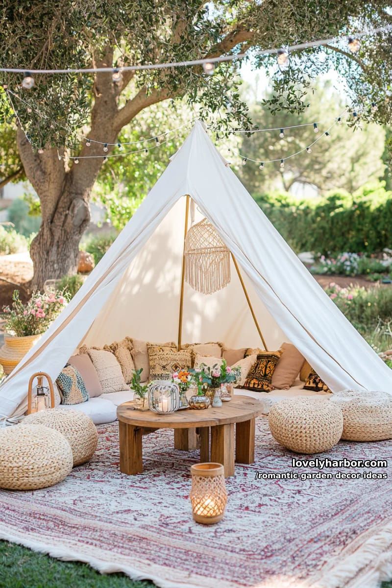 bohemian tents with soft rugs and lanterns for cozy garden picnics 1
