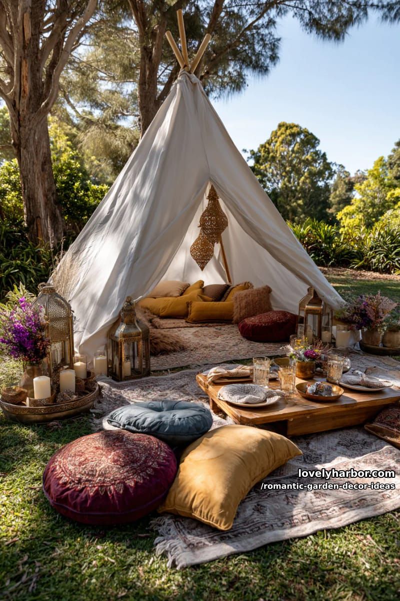 bohemian tents with soft rugs and lanterns for cozy garden picnics 1