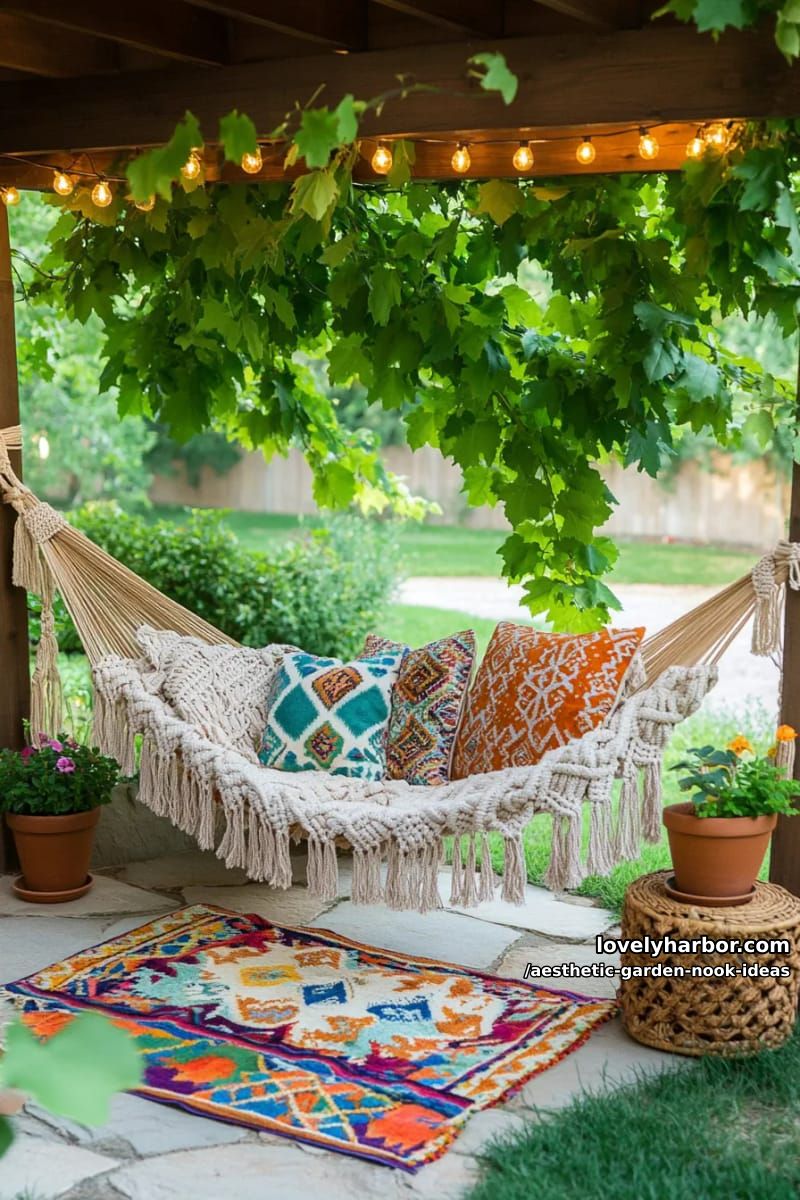 15 Aesthetic Garden Nook Ideas to Inspire Your Outdoor Escape 3 boho hammock nook under vines and string fairy lights 1