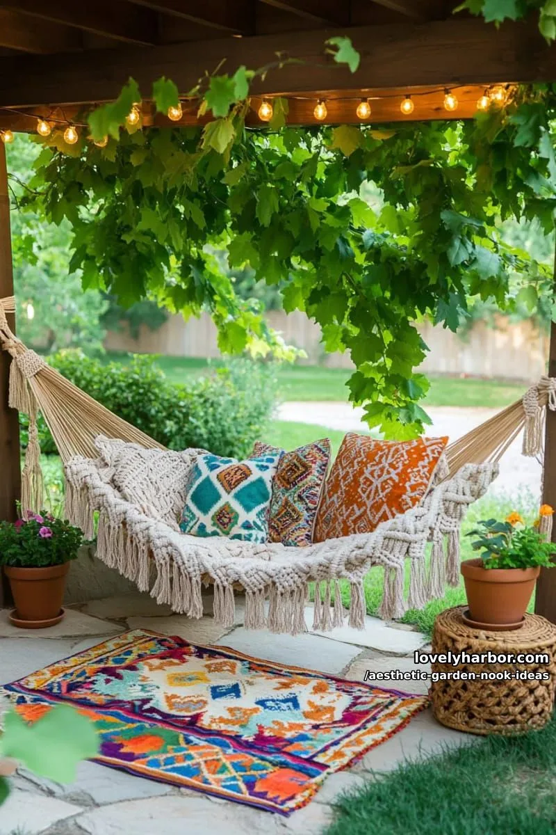 15 Aesthetic Garden Nook Ideas to Inspire Your Outdoor Escape 2 boho hammock nook under vines and string fairy lights 1