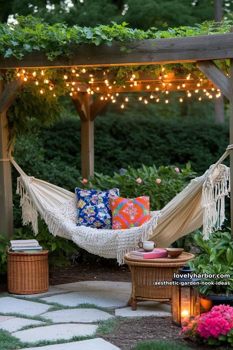 15 Aesthetic Garden Nook Ideas to Inspire Your Outdoor Escape 3 boho hammock nook under vines and string fairy lights 1