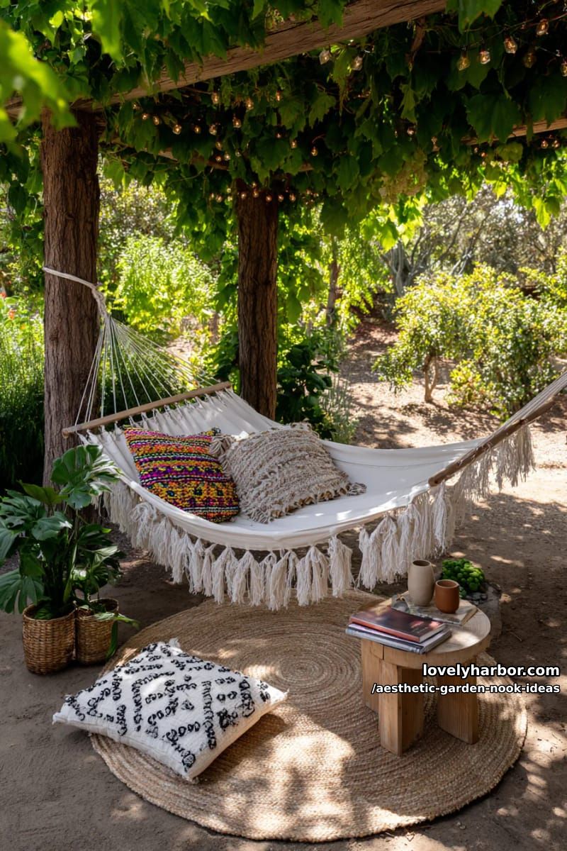 15 Aesthetic Garden Nook Ideas to Inspire Your Outdoor Escape 5 boho hammock nook under vines and string fairy lights 1