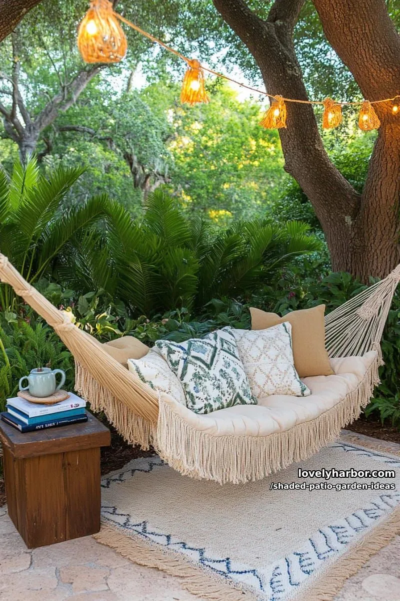 15 Dreamy Shaded Patio Garden Ideas to Inspire Your Backyard 28 boho-inspired hammock strung between trees, surrounded by lush greenery 1