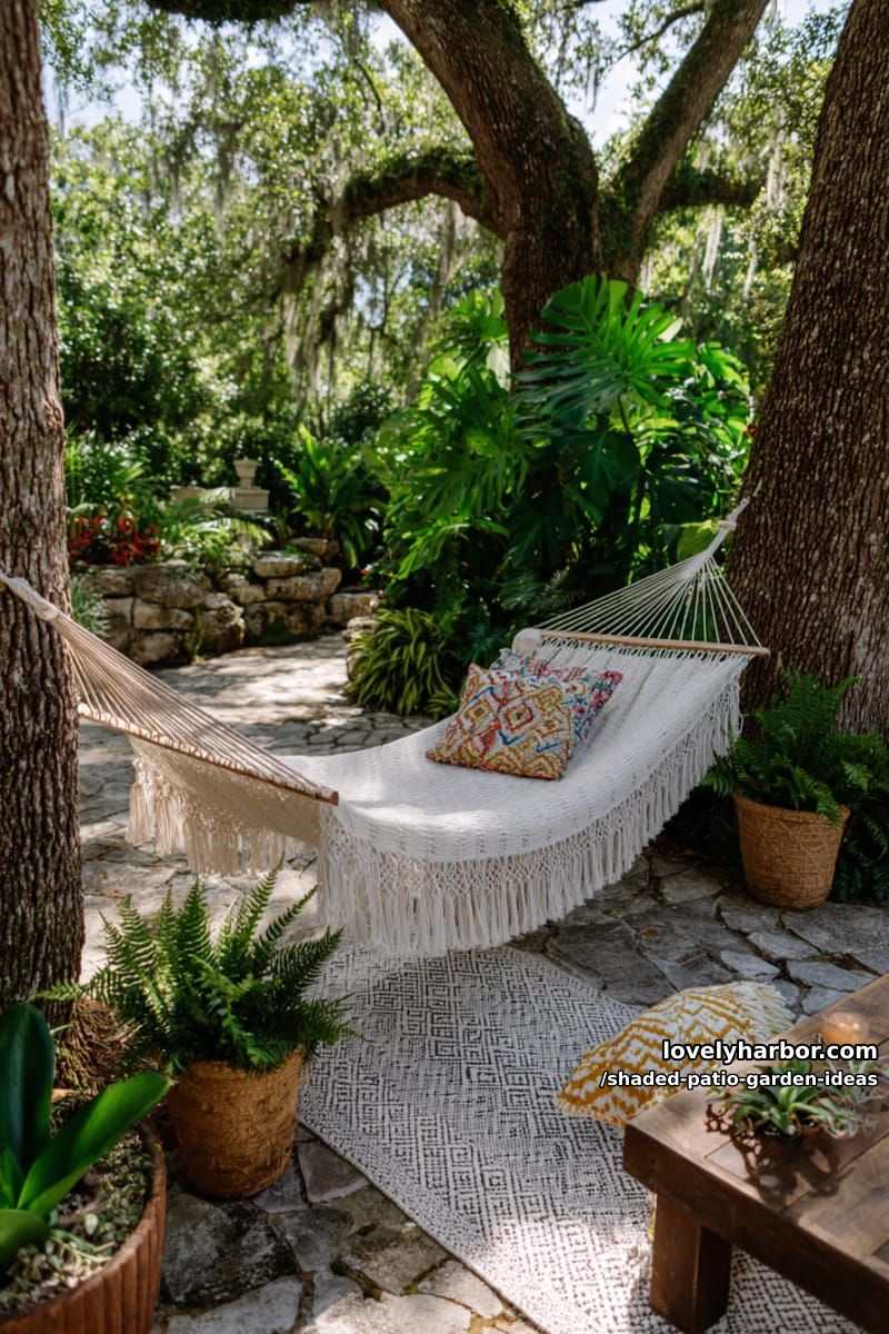 boho-inspired hammock strung between trees, surrounded by lush greenery 1