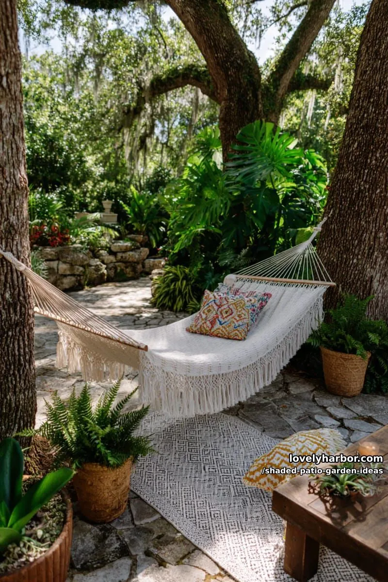 15 Dreamy Shaded Patio Garden Ideas to Inspire Your Backyard 29 boho-inspired hammock strung between trees, surrounded by lush greenery 1