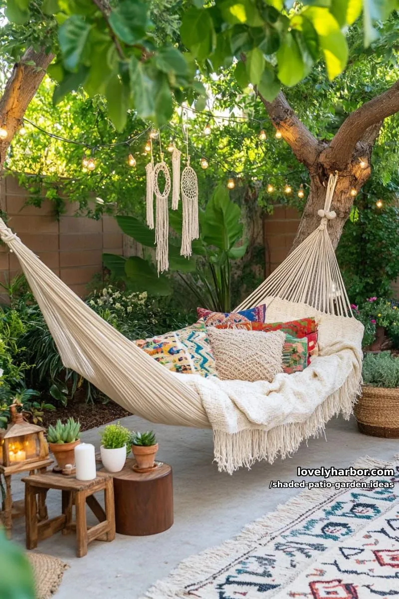 15 Dreamy Shaded Patio Garden Ideas to Inspire Your Backyard 30 boho-inspired hammock strung between trees, surrounded by lush greenery 1