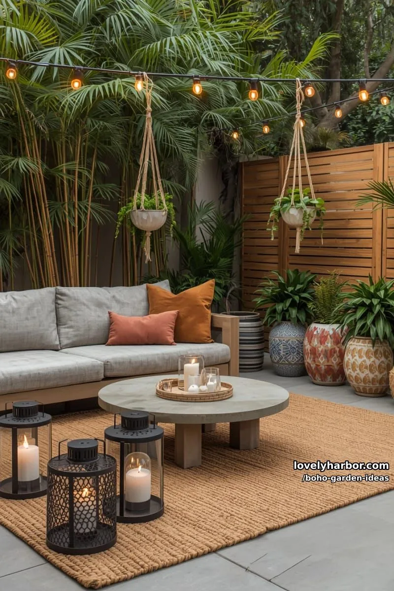 boho patio with sectional sofa, concrete table, jute rug, and lanterns. 1