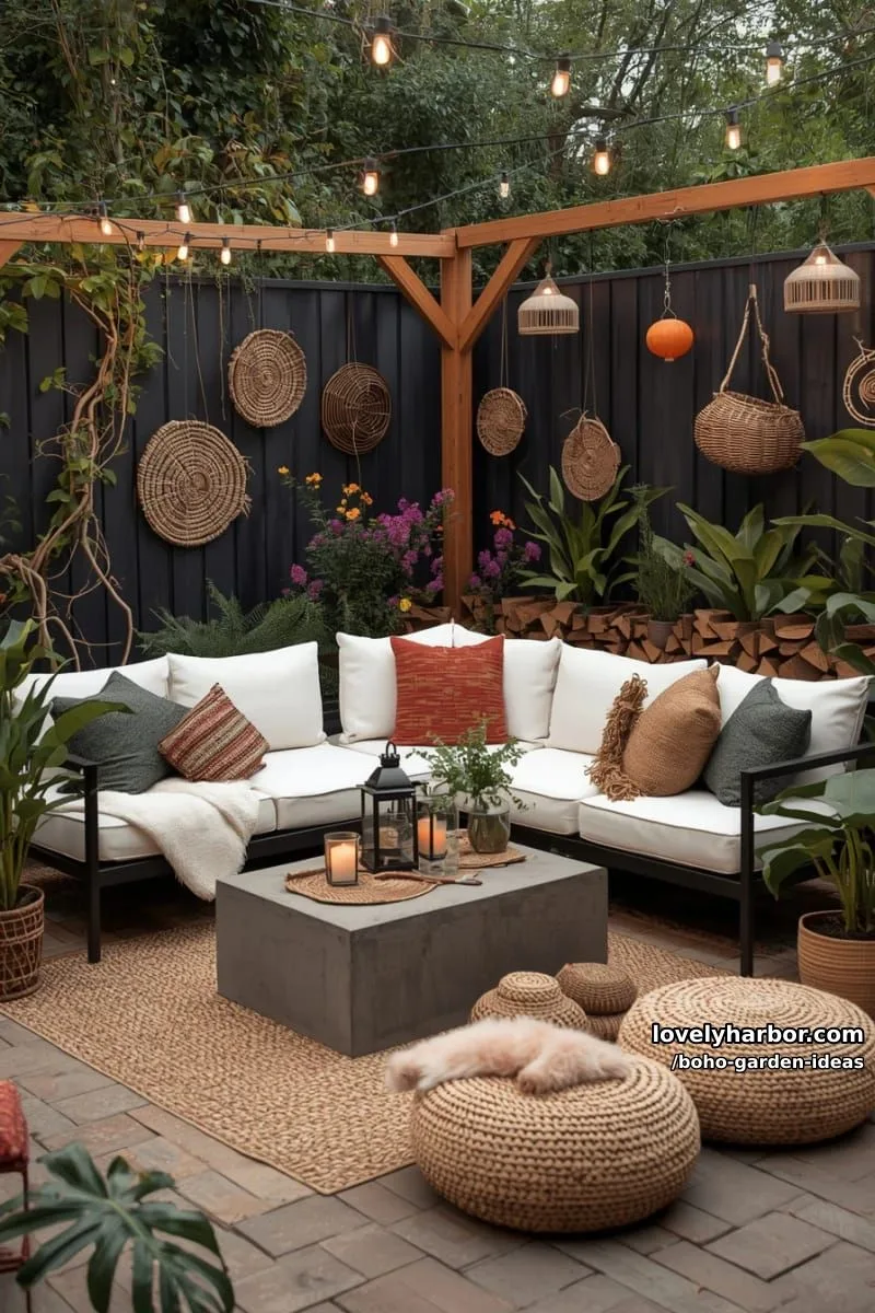 boho patio with sectional sofa, concrete table, jute rug, and lanterns. 1