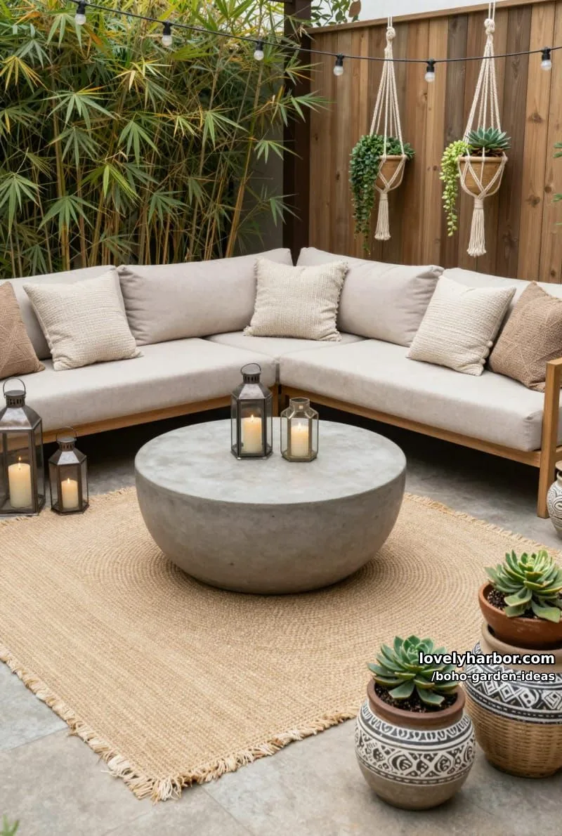 boho patio with sectional sofa, concrete table, jute rug, and lanterns. 1