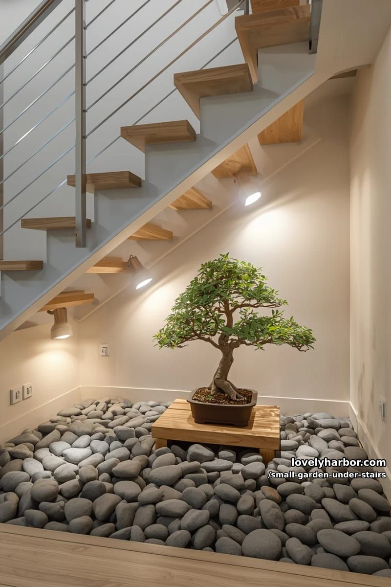 bonsai tree display under staircase with spotlights and gray river stones. 1