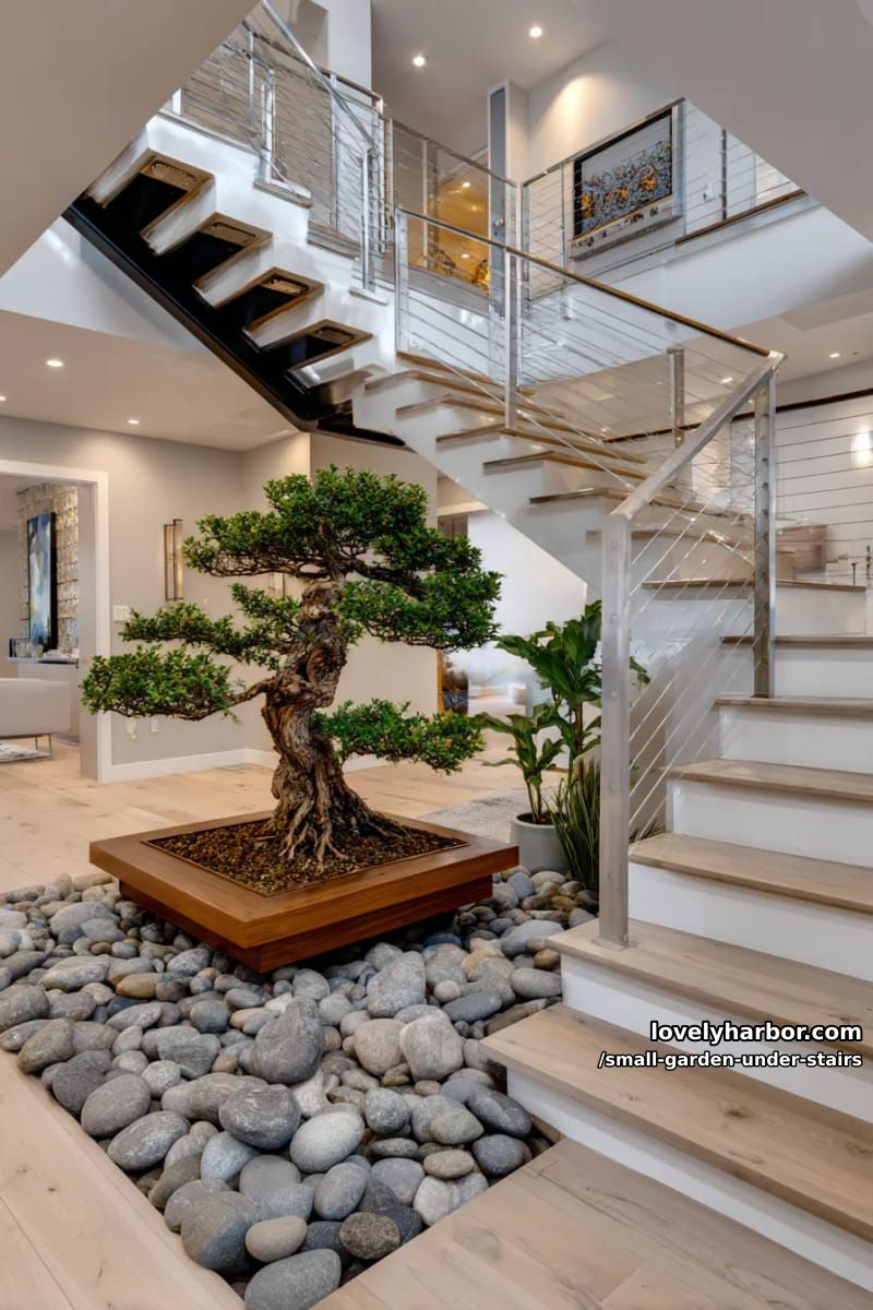 bonsai tree display under staircase with spotlights and gray river stones. 1