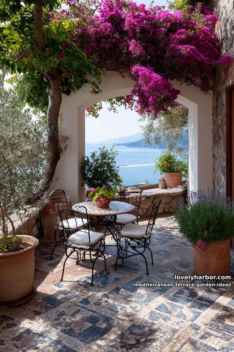 bougainvillea arch framing a sun-drenched mosaic-tiled patio 1