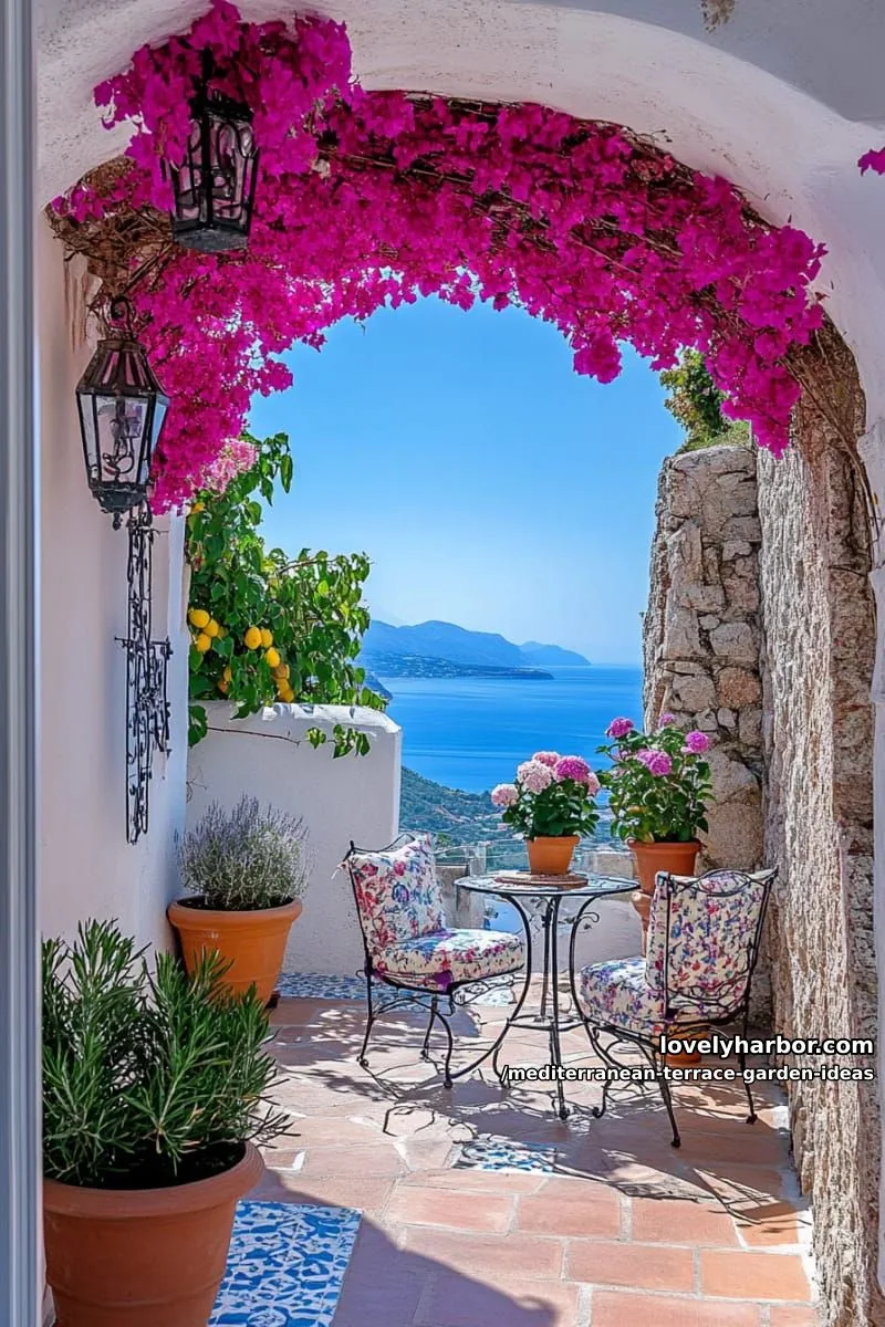 bougainvillea arch framing a sun-drenched mosaic-tiled patio 1