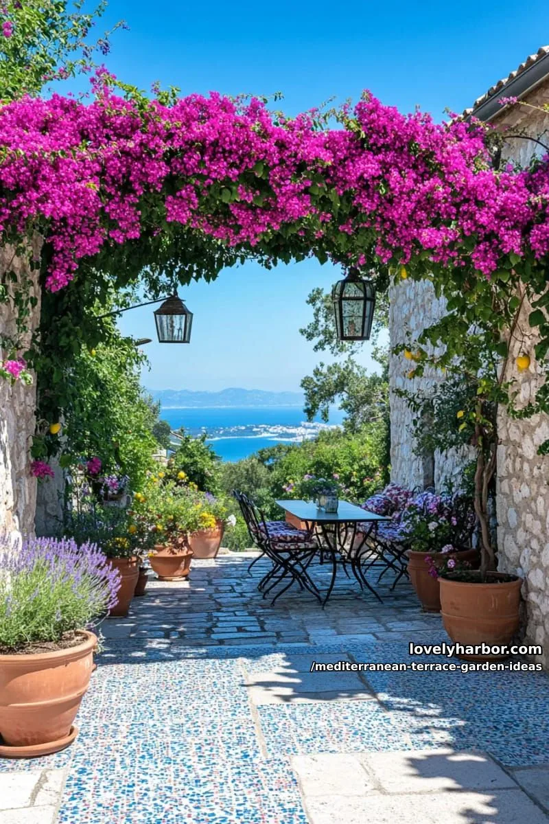 bougainvillea arch framing a sun-drenched mosaic-tiled patio 1