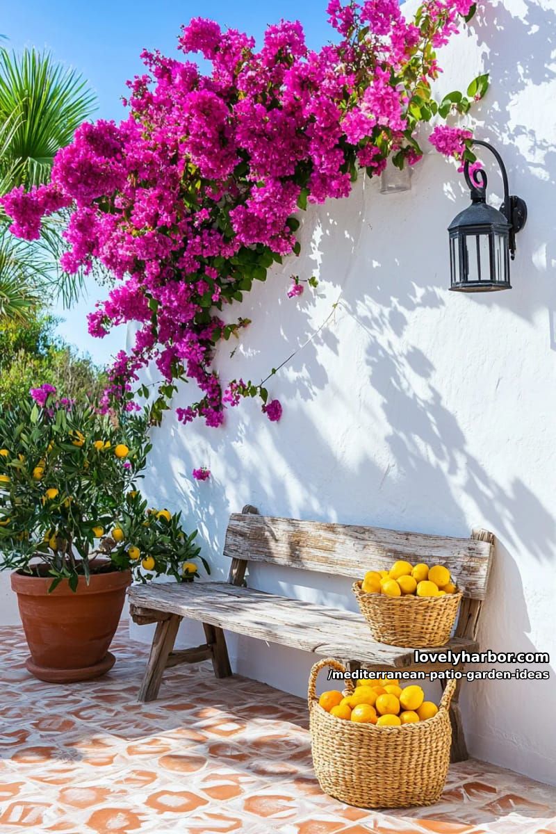 bougainvillea climbing a white stucco wall with rustic wooden bench beneath 1