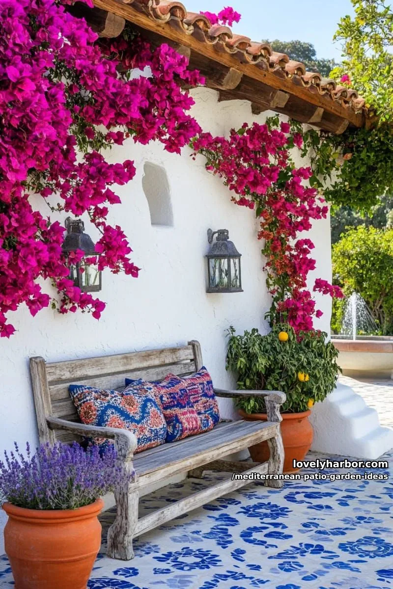 15 Mediterranean Patio Garden Ideas For A Dreamy Modern Homes 6 bougainvillea climbing a white stucco wall with rustic wooden bench beneath 1