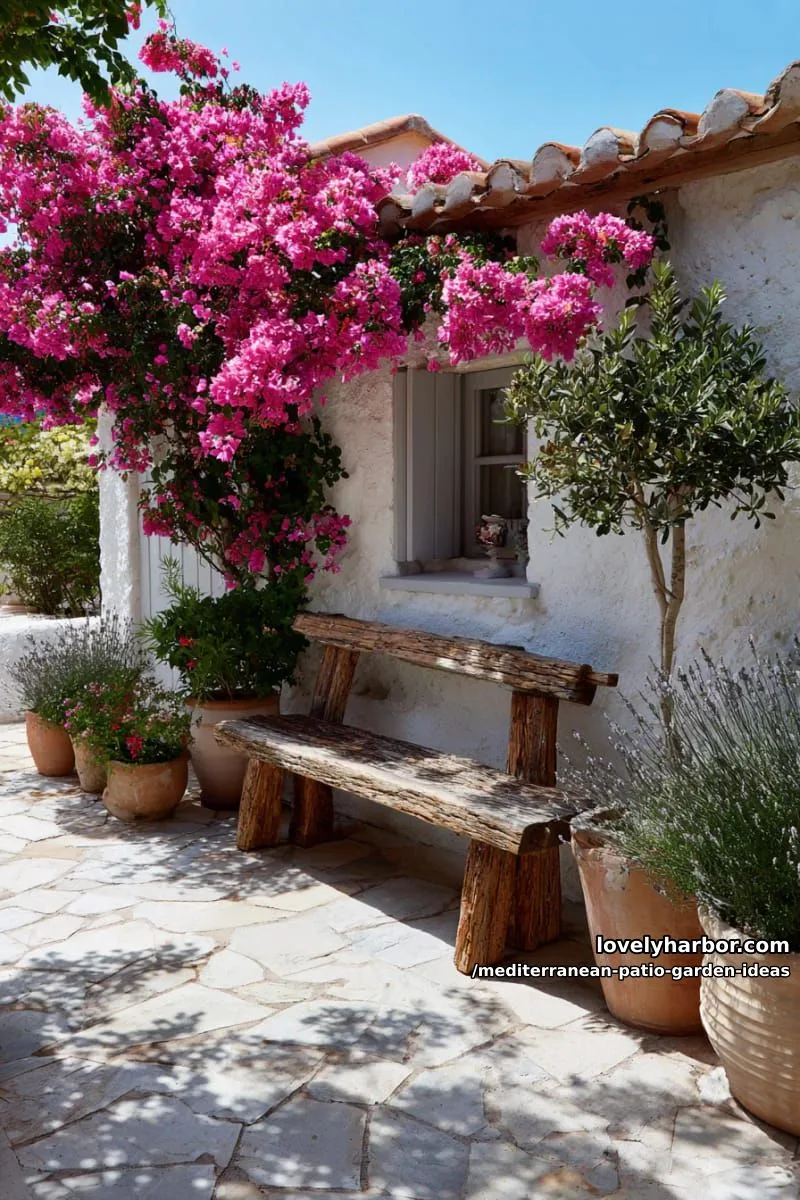 15 Mediterranean Patio Garden Ideas For A Dreamy Modern Homes 7 bougainvillea climbing a white stucco wall with rustic wooden bench beneath 1