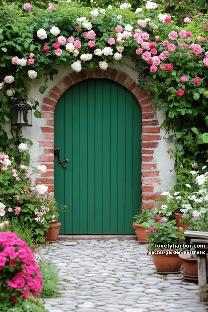 brick garden wall with a hidden green door and trailing roses 1