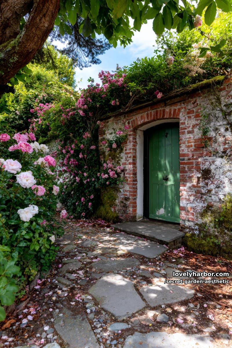brick garden wall with a hidden green door and trailing roses 1