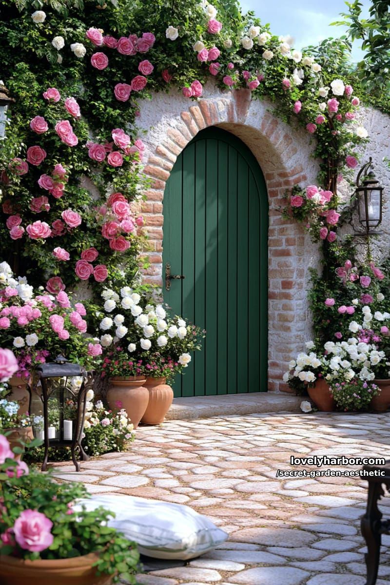 brick garden wall with a hidden green door and trailing roses 1
