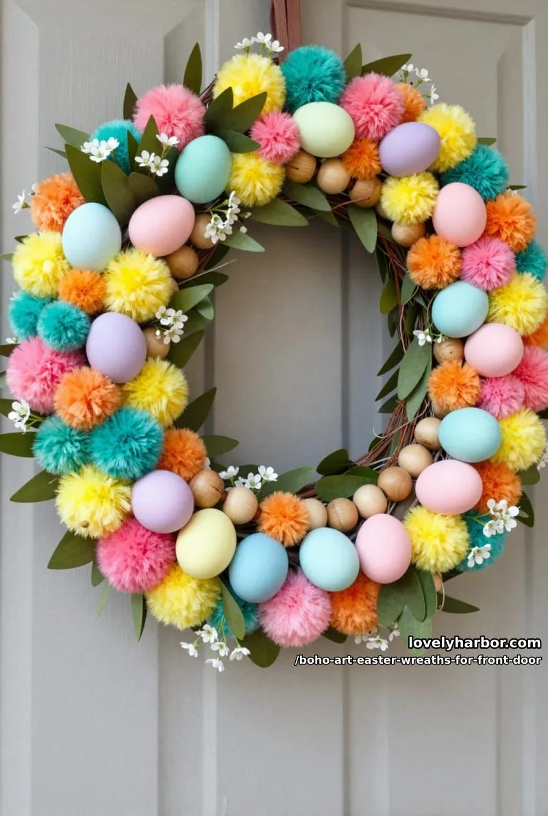 15 Boho Art Easter Wreaths for an Inviting Front Door 17 bright pom-pom ring with greenery, pastel eggs, and boho wooden beads 1