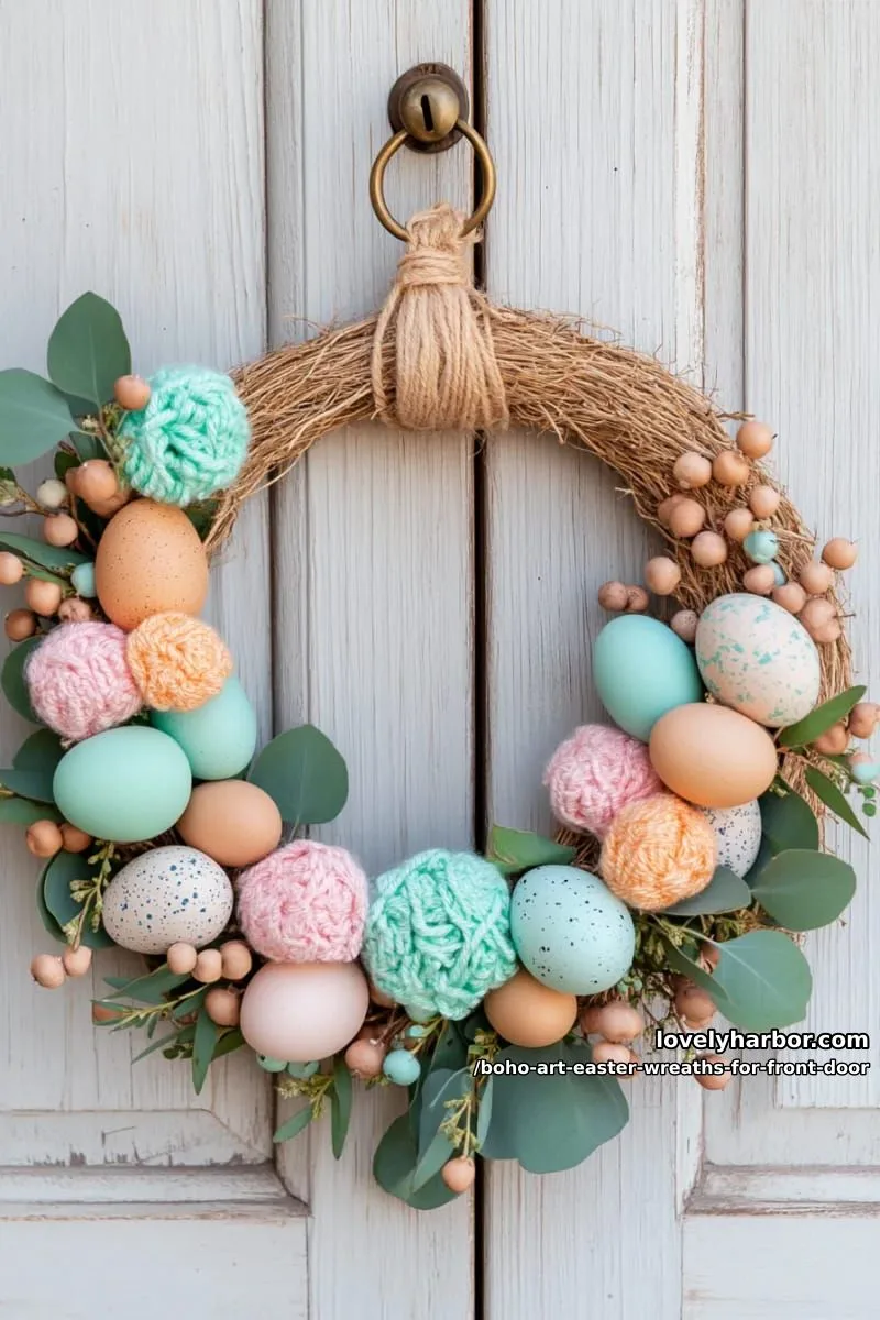 15 Boho Art Easter Wreaths for an Inviting Front Door 18 bright pom-pom ring with greenery, pastel eggs, and boho wooden beads 1