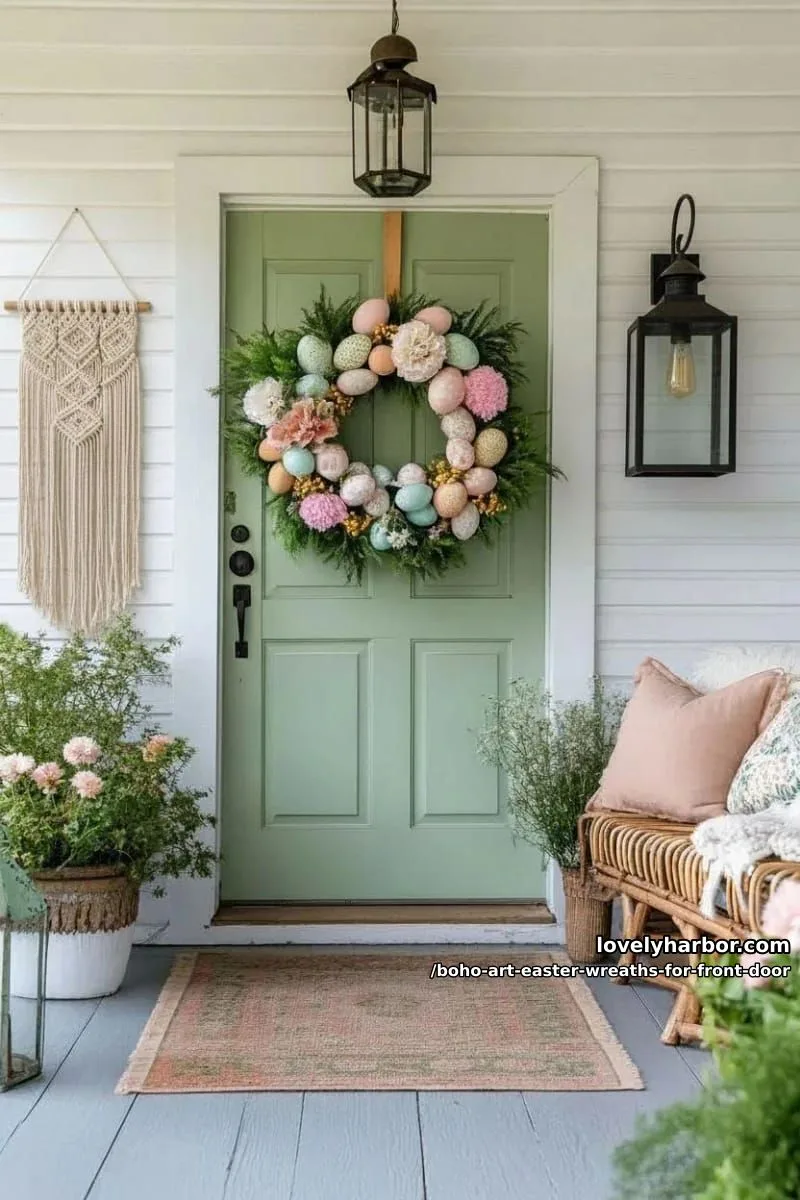 15 Boho Art Easter Wreaths for an Inviting Front Door 19 bright pom-pom ring with greenery, pastel eggs, and boho wooden beads 1