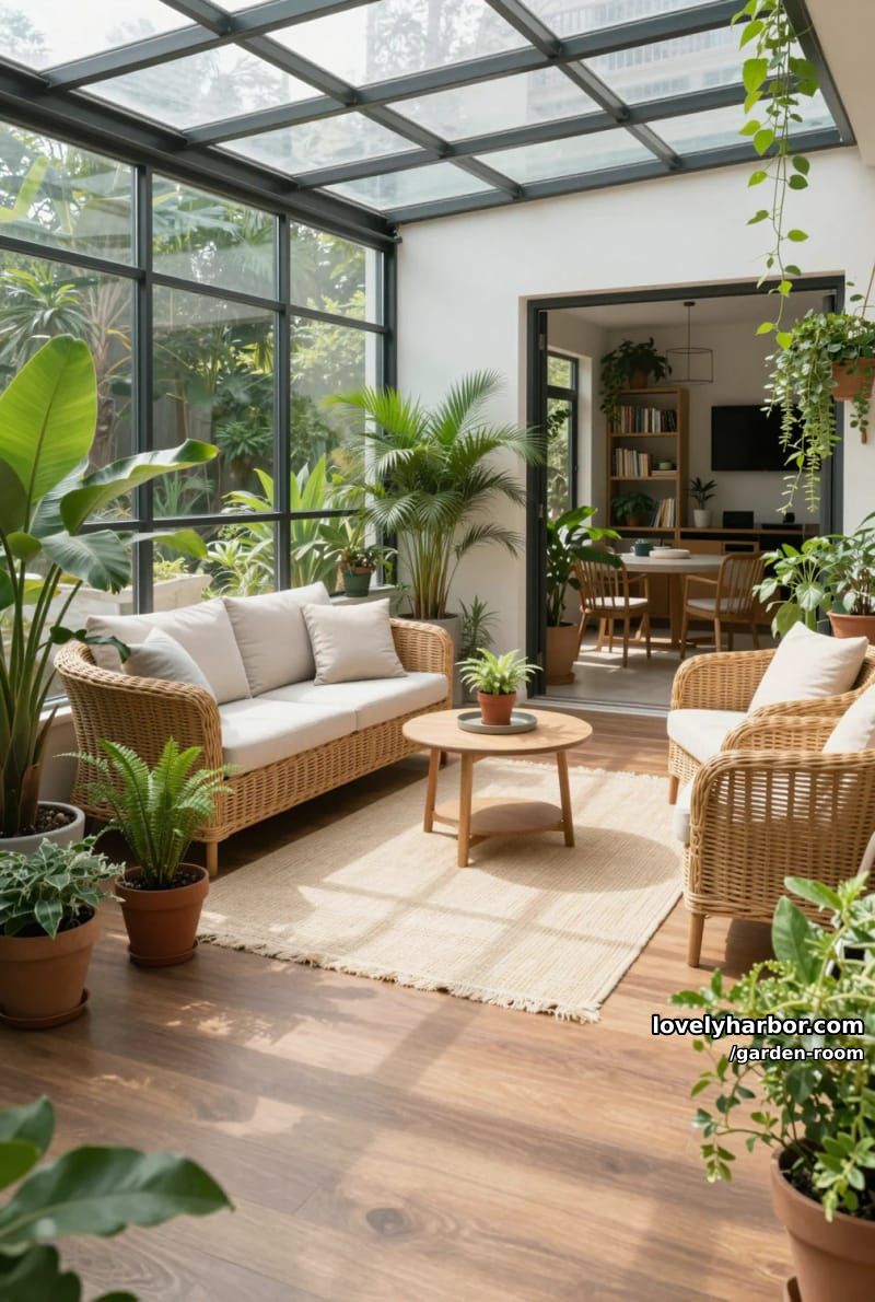 bright sunroom with glass ceiling, wicker seating, and abundant plants. 1