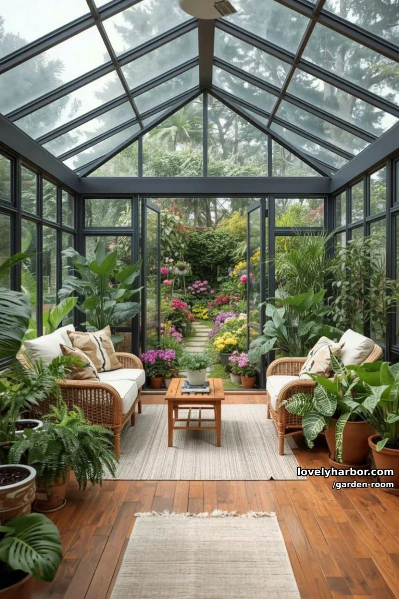 bright sunroom with glass ceiling, wicker seating, and abundant plants. 1