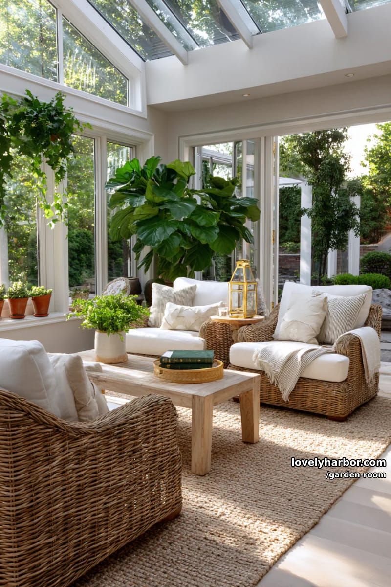 bright sunroom with glass ceiling, wicker seating, and abundant plants. 1